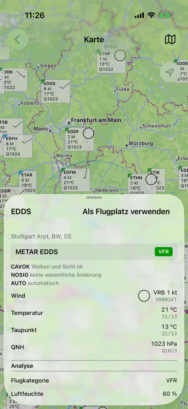 Dekodiertes METAR einer Station auf der Karte