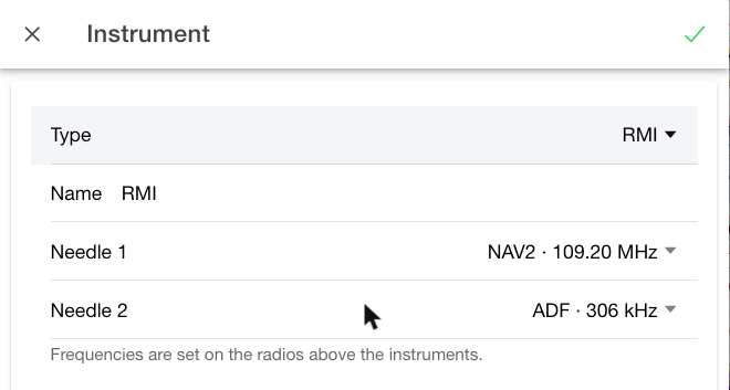 Instrument settings: RMI with sources NAV2 and ADF