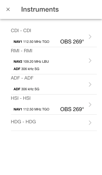 List of instruments with sources and OBS