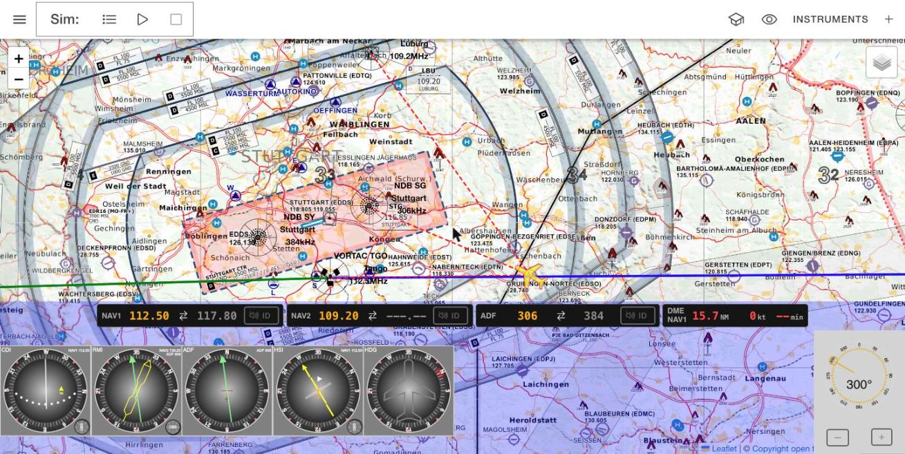 Navaid Simulator: chart with beacons, radio stack, instruments and heading selector