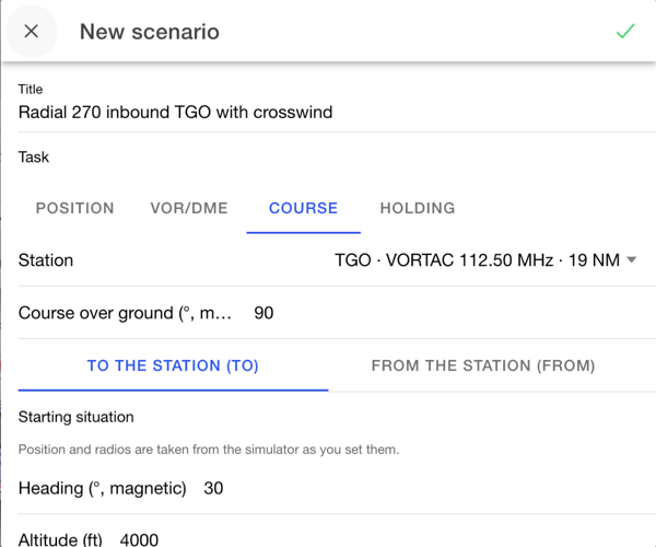 Editor for a new scenario: title, task course, station TGO, course 090 to the station