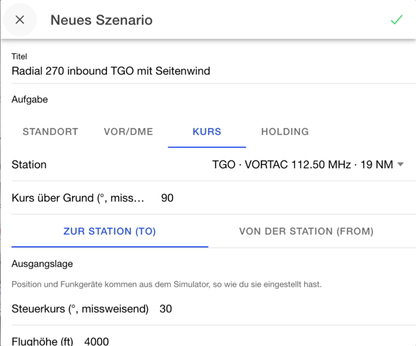 Editor für ein neues Szenario: Titel, Aufgabe Kurs, Station TGO, Kurs 090 zur Station