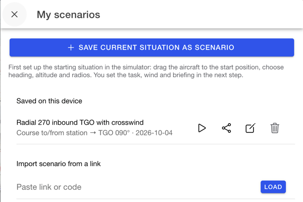 List of custom scenarios with start, share, edit and delete