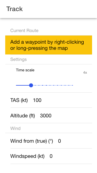 Route and simulation menu with time scale, TAS, altitude and wind