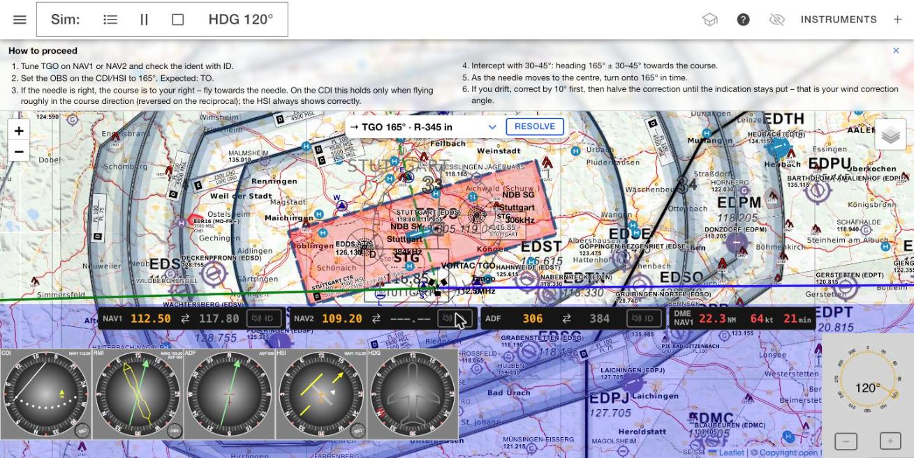 Course exercise in flight: collapsed task, guide, CDI and HSI on course 165