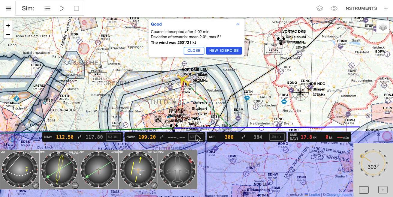 Result of a successful course exercise: course intercepted, wind 250/21 revealed